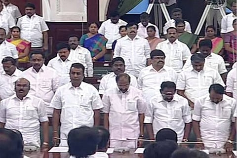 Members observing 2-minute silence for the departed MLAs on the floor of the Assembly on Monday
