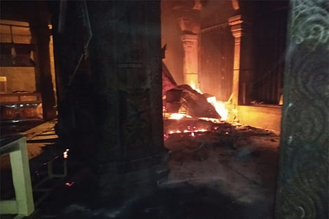 Fire raging at the prasadam stall at Srirangam Sri Ranganatha Swamy temple on Monday