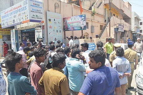 The crowd in front of the Hindu Munnani office in Coimbatore on Tuesday
