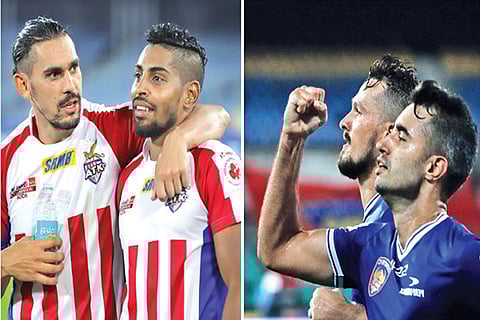 Roy Krishna and David Williams of ATK. (right) CFC?s Nerijus Valskis and Rafael Crivellaro