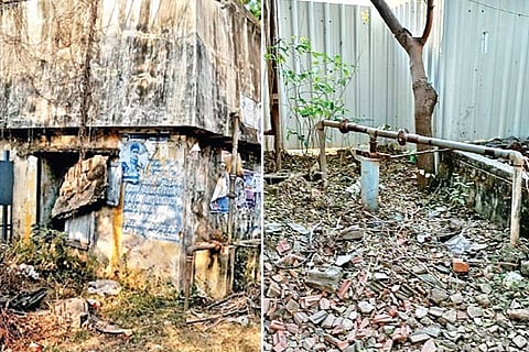 The ill-maintained overhead water tank on Gandhi Street