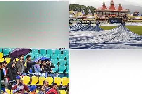 Spectators waiting patiently (left), Ground staff at work (right)