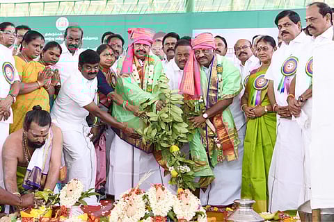 CM Edappadi K Palaniswami, Deputy CM O Panneerselvam and Health Minister Vijaya Baskar at the bhoomi pooja