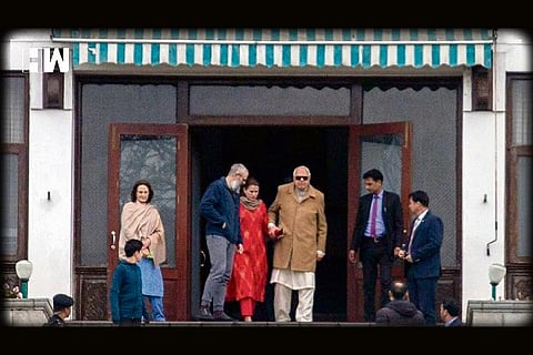 Farooq Abdullah meeting his son Omar Abdullah who is still under detention