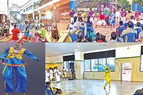 A marakkal kuchi attam performer; Carnatic concert at a metro station; karagam performers at a public park