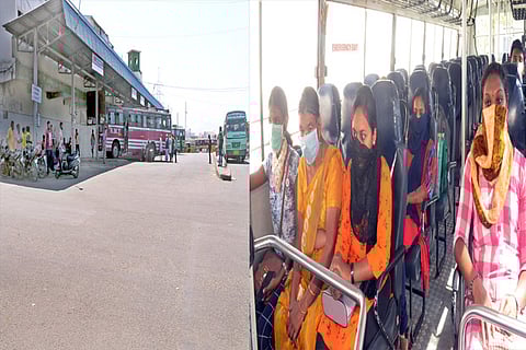 Ukkadam bus stand wears a deserted look and (right) passengers with masks on a bus on Wednesday