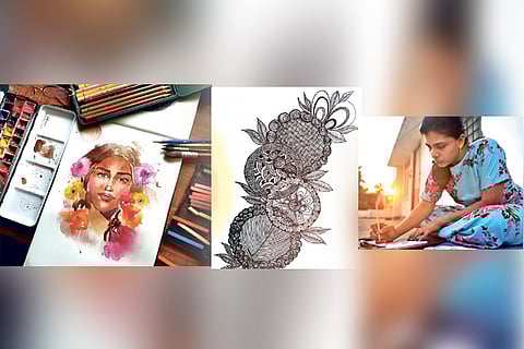 Left to right: Portrait by Nitika Ale; doodle art by Soundariya Anil; Shruthi Nandagopal