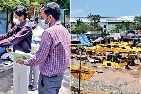 L: J Radhakrishnan, nodal officer for COVID-19 control, meets residents; A shut Tiruvanmiyur market
