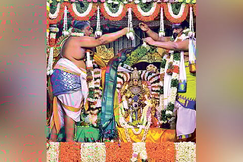 The wedding at Meenakshi Sundareswarar Temple in Madurai, on Monday