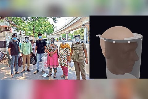 (Left) The team that developed the mask, 3D-printed face masks.