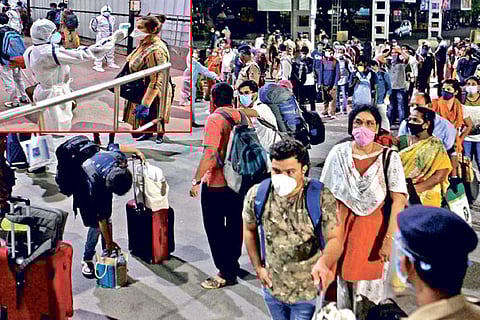Passengers who took the return train to New Delhi being screened at Dr MGR Central station