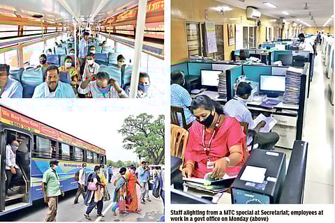 Staff alighting from a MTC special at Secretariat; employees at work in a govt office on Monday