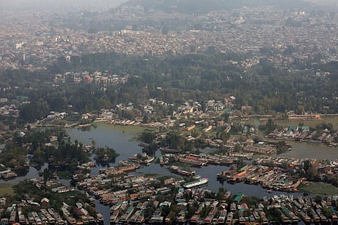 An aerial view of Dal Lake