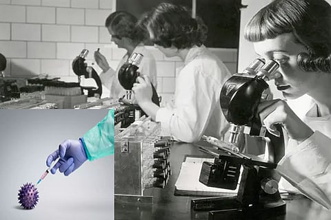 Scientists examining tissue cultures during the processing of a polio vaccine in the 1950s.