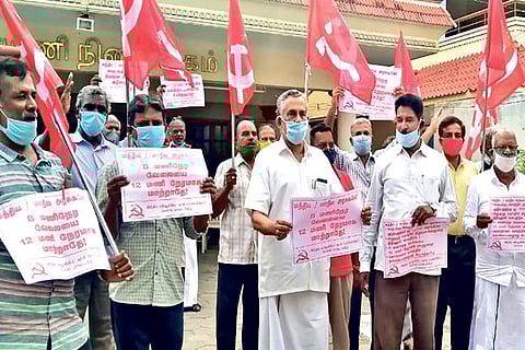 Member of Parliament PR Natarajan leads a protest hours in Coimbatore on Friday