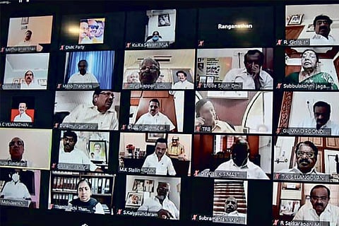 A screen grab of the video call meeting of DMK president with district secretaries, MLAs and MPs on