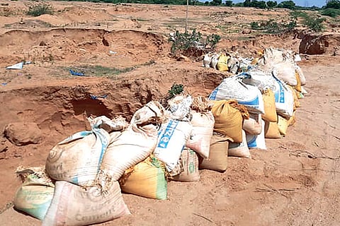 Sand quarried from Vegavathi stored in sacks by smugglers at Putheri village in Kancheepuram