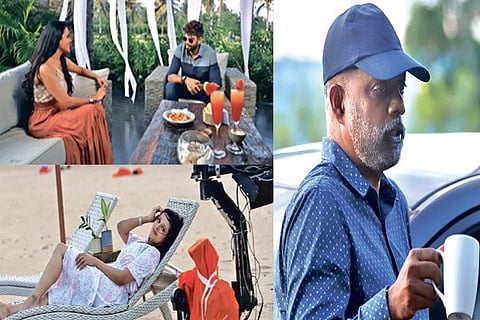 Varun and Raahei get ready for the shot; Gautham sips a cup of coffee