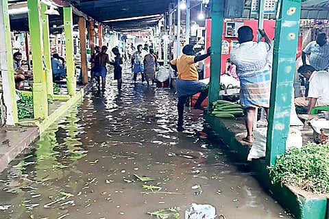Rajaji market in Chinna Kancheepuram in a sorry state after the premises was inundated withrainwater