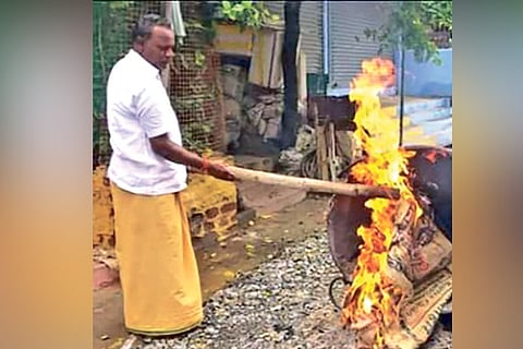 The Maha Deepam cauldron being cleaned ahead of Karthigai festival in Tiruvannmalai on Monday