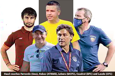 Head coaches Ferrando (Goa), Habas (ATKMB), Lobera (MCFC), Cuadrat (BFC) and Laszlo (CFC)