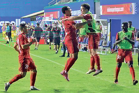 NorthEast United FC players celebrate the winner against Mumbai City FC
