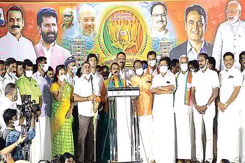 BJP leaders addressing the Vel Yatra organised in Coimbatore on Sunday