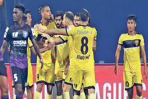 Hyderabad FC players exult after netting the winner