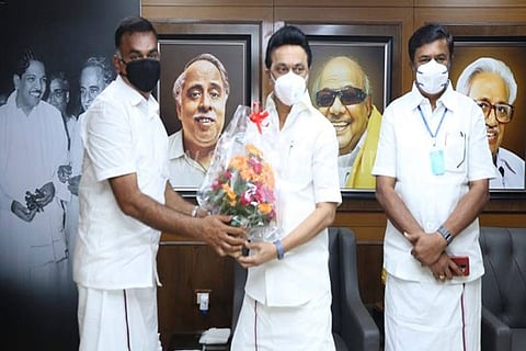 Karthikeya Sivasenapathy with DMK president MK Stalin