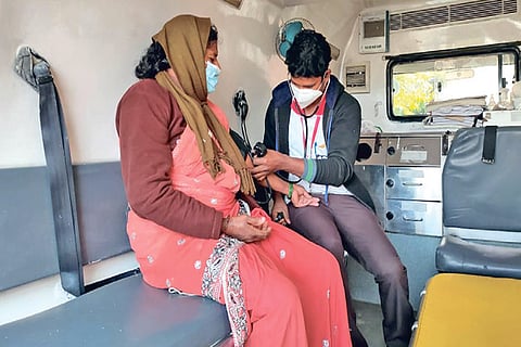 Ellammal being treated in an ambulance