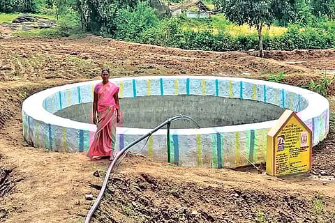 A woman with one of the horticulture department-sponsored well on Jawadhu Hills
