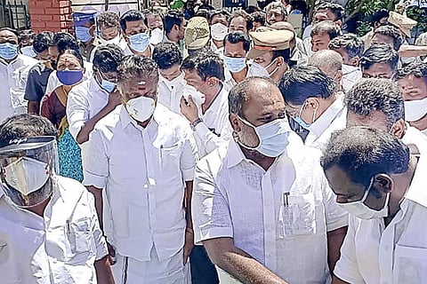 O Panneerselvam inspecting the site for installing statue of PK Mookiah Thevar in Usilampatti