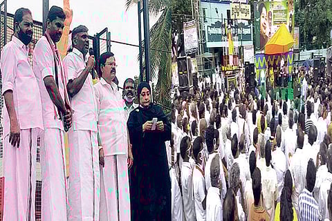 KC Veeramani and Nilofer Kafeel on the stage sans masks (left) while a huge crowd attends the event
