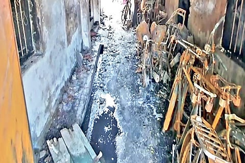 A scene of damage caused by fire in a Thoothukudi house
