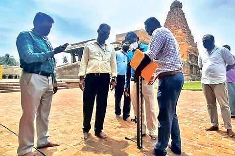 ASI Tiruchy Circle Superintending Archeologist T Arun Raj inspecting the ongoing works in Big Temple