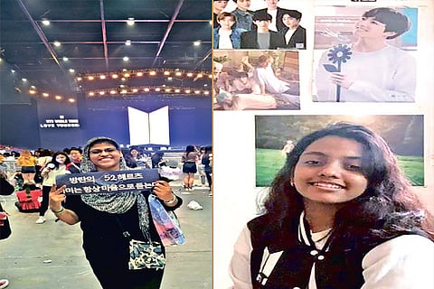 Elaveni Karthik at the 2019 Love Yourself Concert in Hong Kong; Marilyn Keertana with her BTS poster