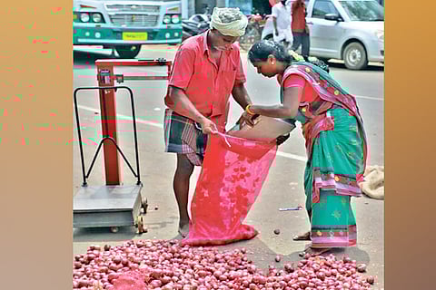 Shallots being sold at Rs 100 in a wholesale market in Tiruchy