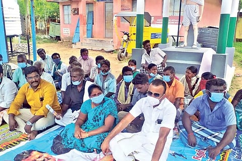 Dalit woman panchayat president Kiruthika Arunkumar on a hunger strike in Tiruchy on Wednesday