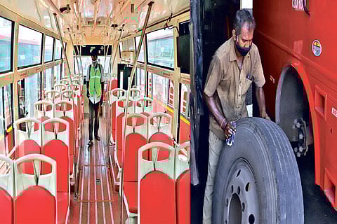 Last minute checks and sanitation of MTC buses being done before service resumes on Tuesday