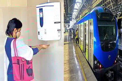 Hand sanitiser dispenser at a Metro station in the city