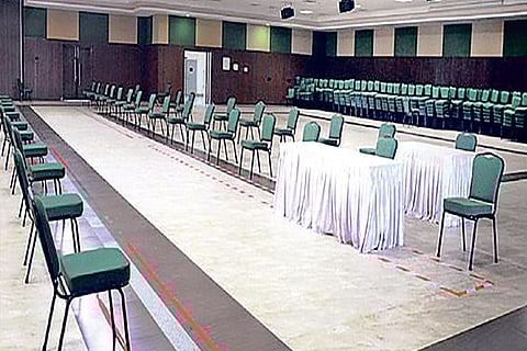 File photo of mock seating measures at Kalaivanar Arangam for session