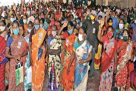Contract workers staging the protest