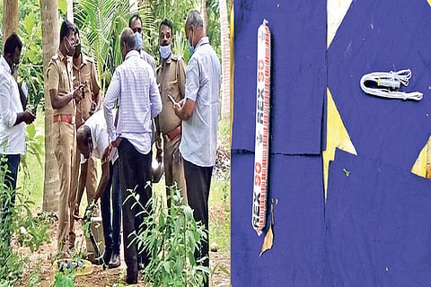 Cops, experts inspect the contents (right) of the parcel in Thanjavur