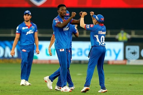 DC's Rabada celebrating after a wicket in Super Over against KXIP. Pic: @IPL twitter profile
