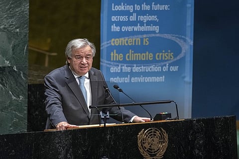 U.N. Secretary General Antonio Guterres speaks in the General Assembly