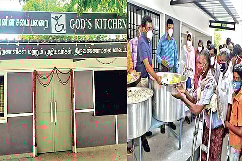 A view of the God?s Kitchen at the Tiruvannamalai Collectorate. Collector serving food to poor