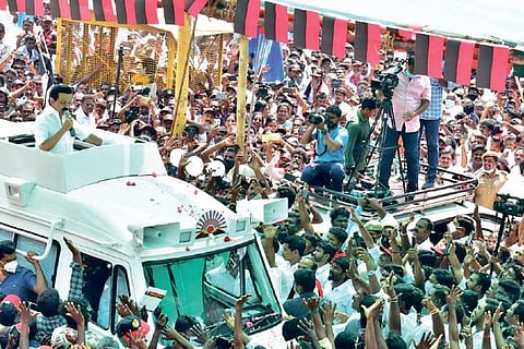 DMK president MK Stalin campaigning for party candidates in Theni district on Wednesday.