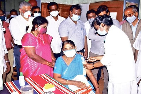 L-G Tamilisai Soundararajan at an intensive vaccination camp in Puducherry on Wednesday