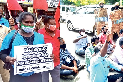 Protest in Tiruchy and Thoothukudi (r) on Monday over the decision to allow Sterlite