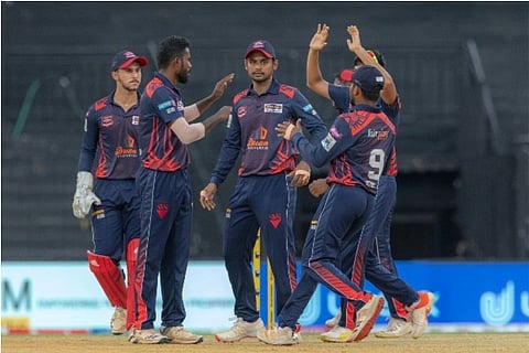 Source: TNPL; Tiruppur Tamizhans team celebrate the fall of a wicket from Kovai Kings team